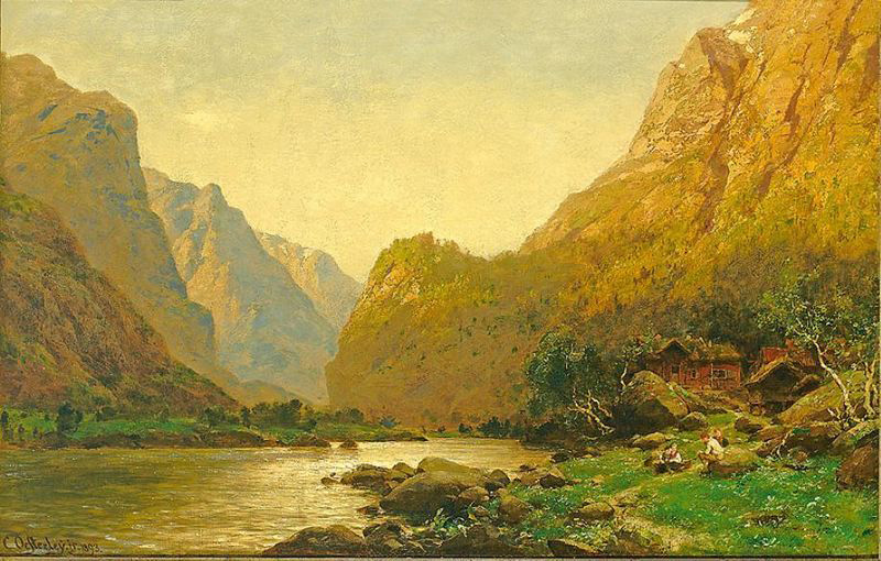 Carl jun. Oesterley Carl Oesterley jr. Romantische Flusslandschaft mit Personenstaffage an einem prachtvollen Sommertag